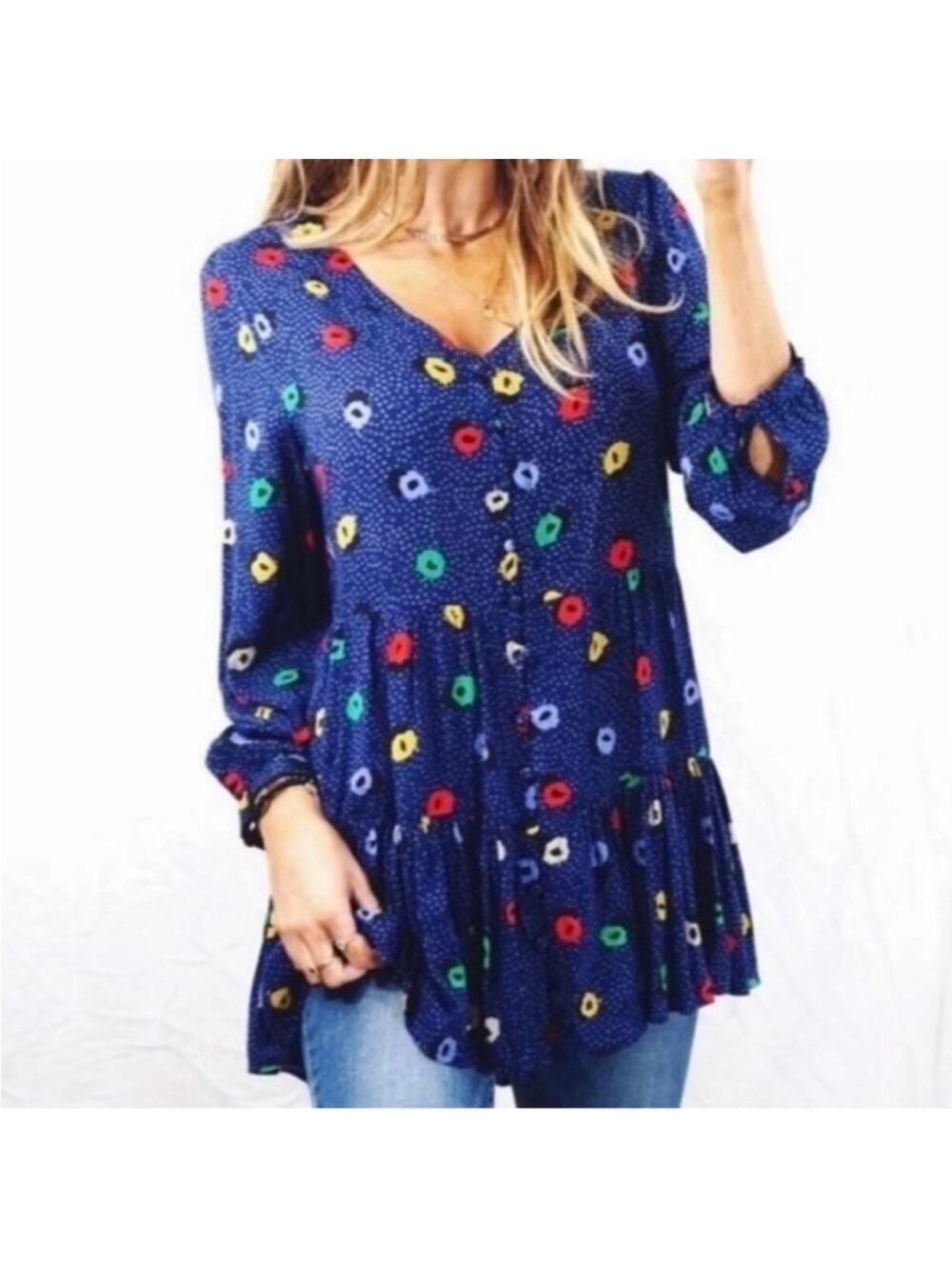 Maeve Anthropologie Button Down Front Colorful Blue Spotted Tunic Top Multicolor